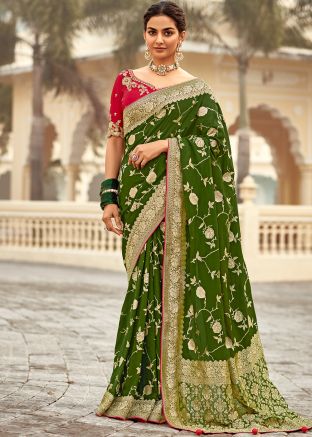 Mehendi Green Zari Woven Saree