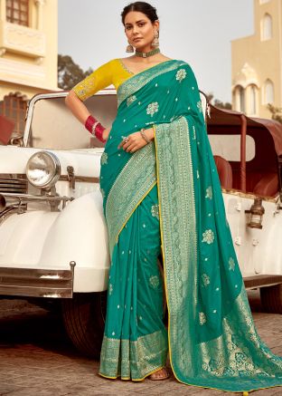Turquoise Art Silk Woven Saree & Blouse