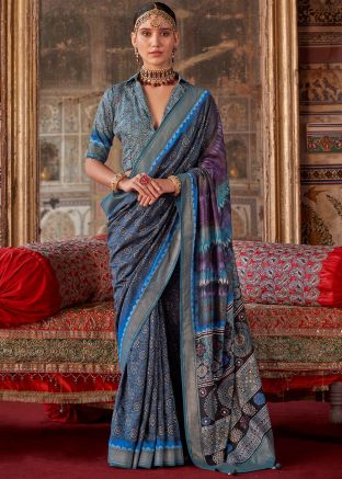 Blue Printed Art Silk Saree