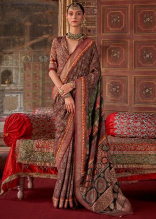 Brown Art Silk Saree In Printed Work