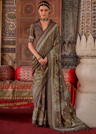 Brown Art Silk Saree In Printed Work