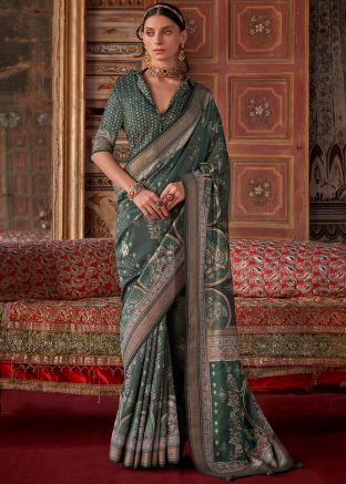 Green Printed Saree In Art Silk