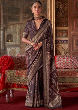 Brown Art Silk Saree In Printed Work