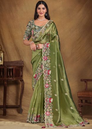 Green Embroidered Saree In Tissue