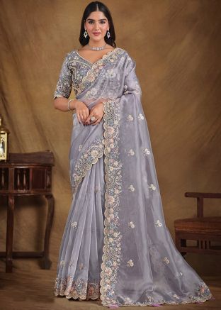 Grey Embroidered Saree In Organza