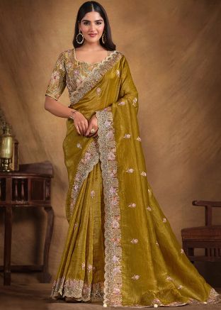 Green Embroidered Saree In Silk