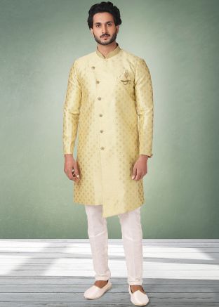 Readymade Yellow Asymmetric Jacquard Kurta & Pajama