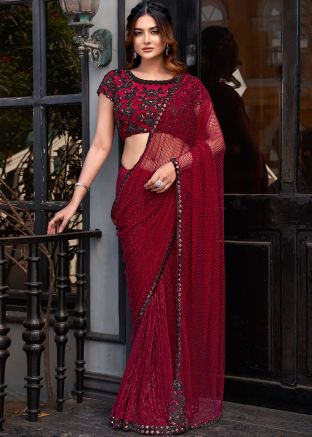 Maroon Embroidered Net Saree