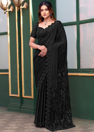 Black Embroidered Saree In Art Silk