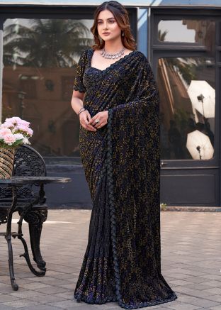 Black Sequin Work Saree In Net