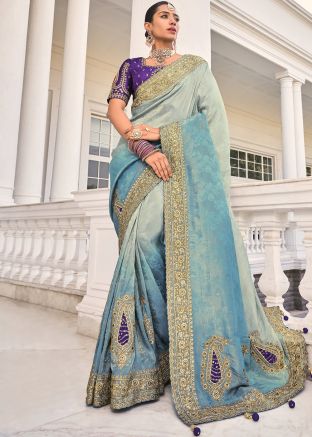 Shaded Blue & Grey Woven Crape Saree