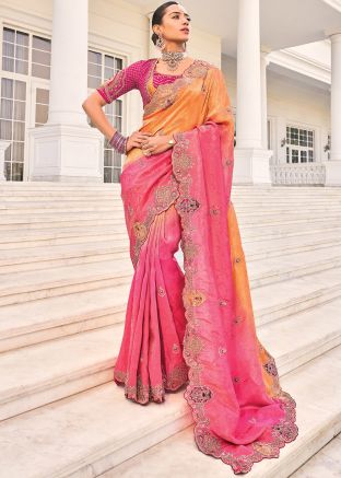 Shaded Pink & Orange Embroidered Saree