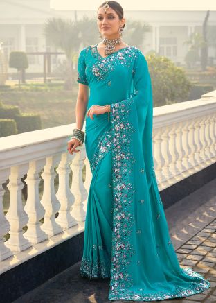 Blue Embroidered Border Saree & Blouse