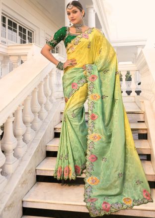 Shaded Yellow & Green Woven Crape Saree