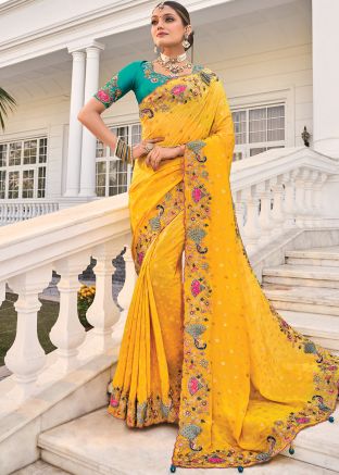Yellow Woven Crape Saree With Blouse