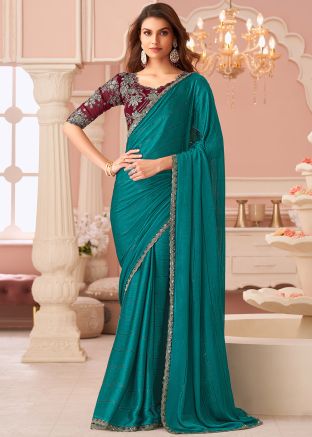 Blue Sequin Work Satin Saree