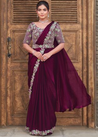 Purple Satin Embellished Pre-Stitched Saree