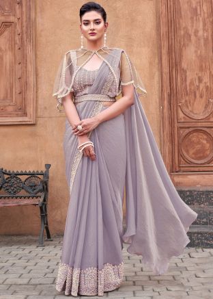 Grey Embroidered Pre-Stitched Saree