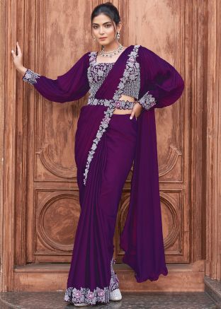 Purple Embroidered Pre-Stitched Satin Saree
