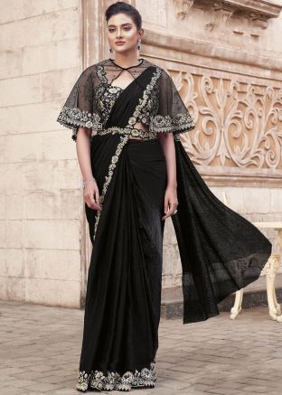 Black Embellished Pre-Stitched Saree & Blouse
