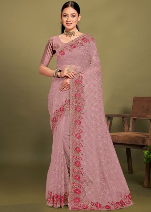 Pink Embroidered Saree In Net