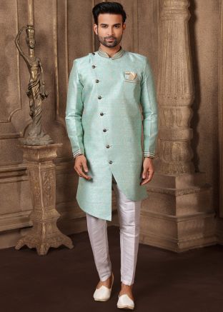 Light Blue Readymade Asymmetric Indo Western Sherwani