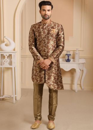 Brown Readymade Asymmetric Indo Western Jacquard Sherwani