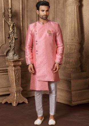 Pink Woven Readymade Asymmetric Sherwani