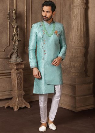 Blue Jacquard Readymade Asymmetric Sherwani