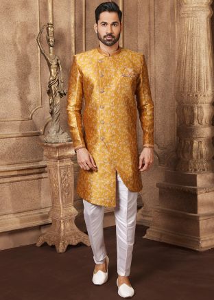 Golden Woven Readymade Asymmetric Sherwani