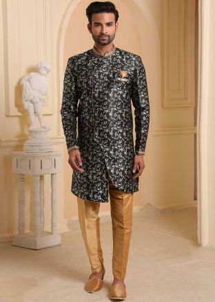 Black Readymade Asymmetric Jacquard Sherwani
