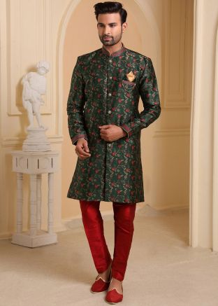 Bottle Green Floral Woven Readymade Indo Western Sherwani