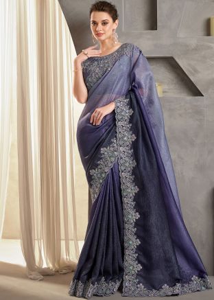 Shaded Blue Embroidered Saree With Blouse
