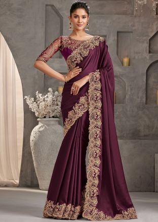 Wine Embroidered Silk Saree & Blouse