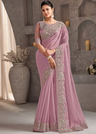 Pink Embroidered Chiffon Saree With Blouse