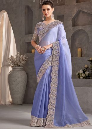 Shaded Ice Blue Embroidered Art Silk Saree