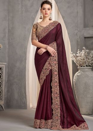 Wine Embellished Silk Saree With Blouse