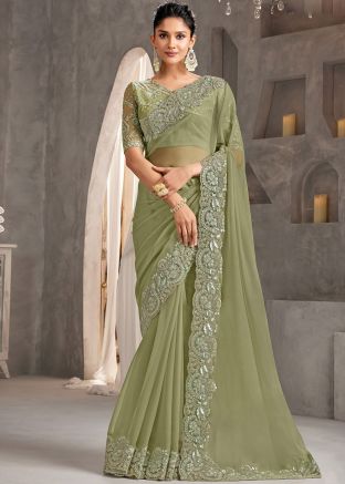 Green Embellished Monotone Saree & Blouse