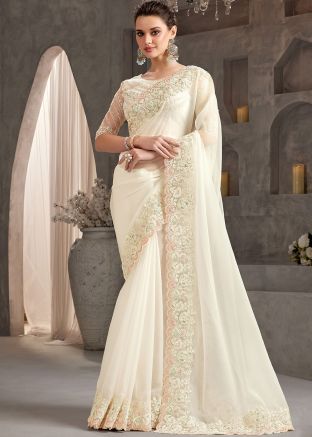 White Embellished Monotone Saree & Blouse