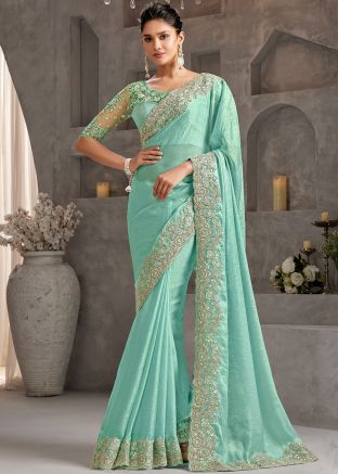 Turquoise Embellished Saree In Chiffon