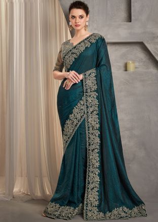 Teal Blue Embroidered Silk Saree & Blouse