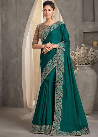 Teal Green Embroidered Border Georgette Saree