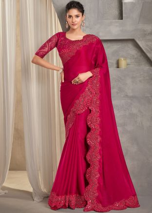 Red Embellished Border Satin Saree & Blouse