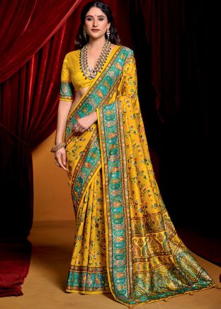 Yellow Printed Art Silk Saree & Blouse