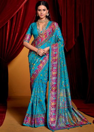 Turquoise Print Work Saree In Art Silk