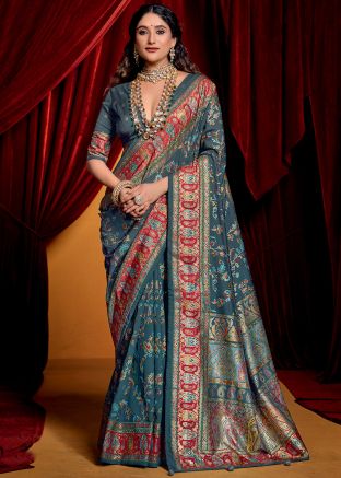 Grey Printed Saree & Blouse In Art Silk