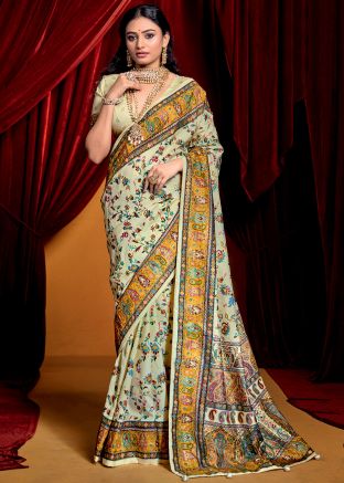 Light Yellow Printed Saree In Art Silk