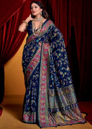 Printed Navy Blue Saree In Art Silk