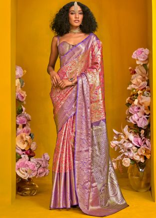 Pink Zari Woven Saree In Art Silk