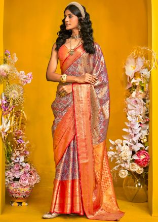 Grey Zari Woven Art Silk Saree